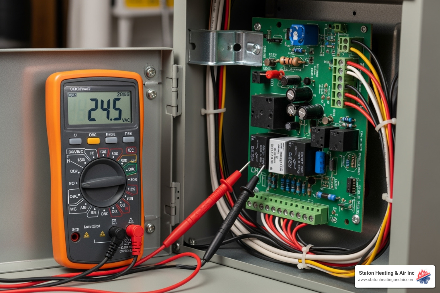 multimeter testing a furnace control board - furnace control board repair