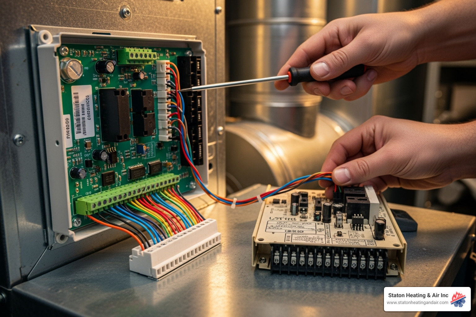 new control board being wired next to the old one for comparison - furnace control board repair