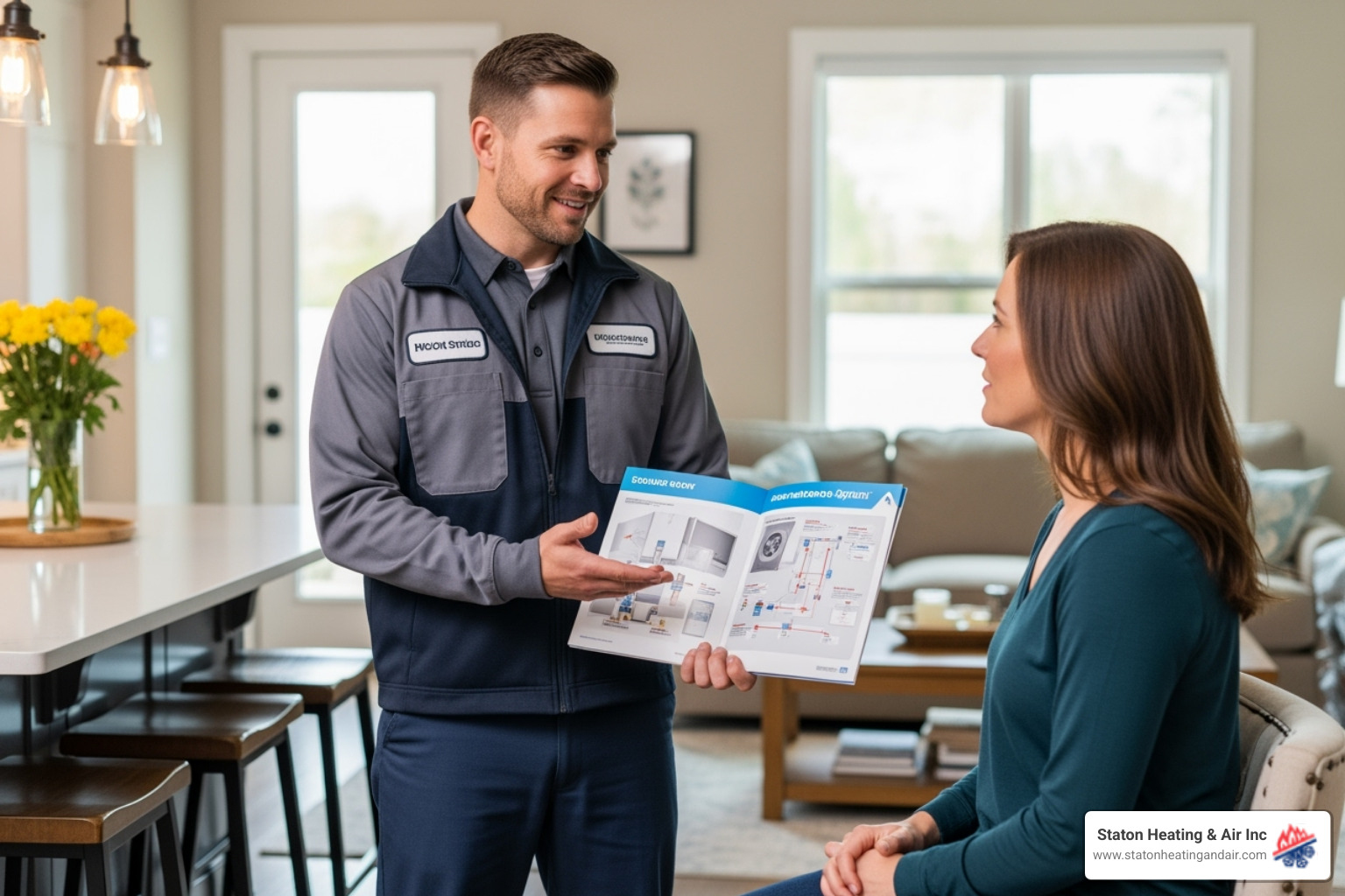 A homeowner discussing HVAC options with a professional in their home - Mitsubishi authorized dealer