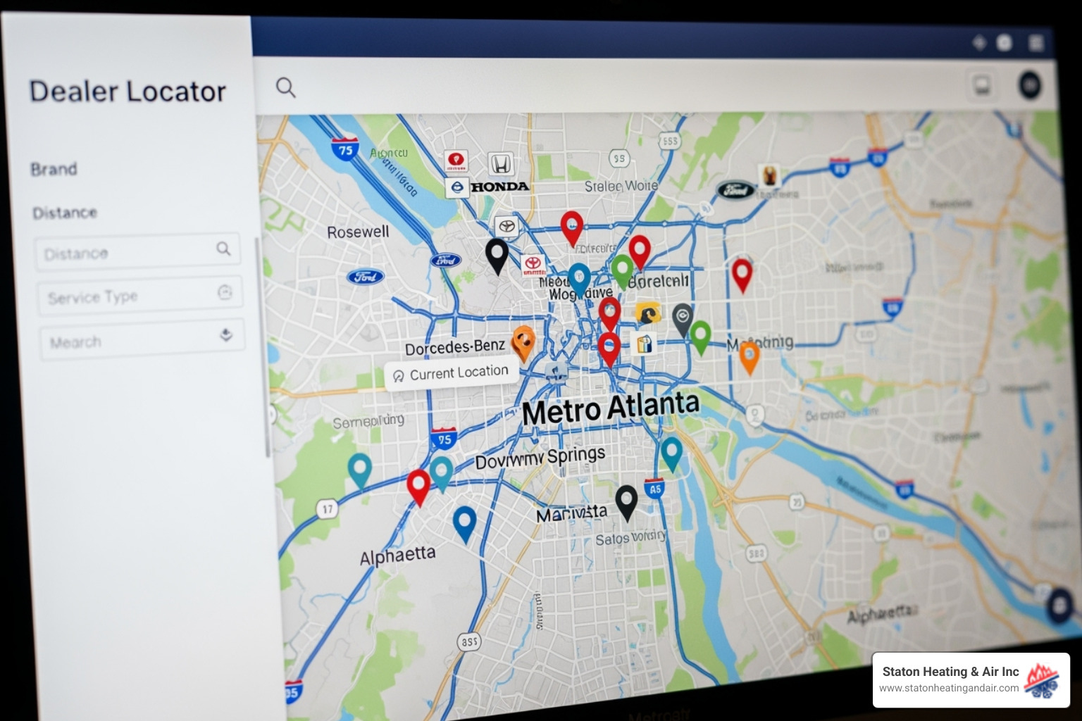 A computer screen showing a dealer locator map focused on the Metro Atlanta area - Mitsubishi authorized dealer