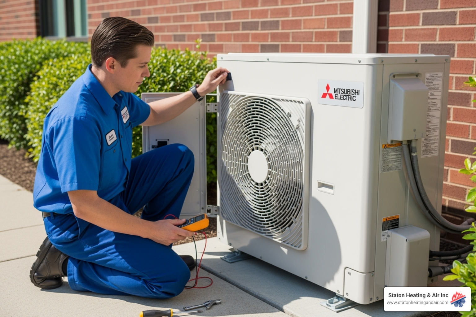 A certified technician in uniform inspecting a Mitsubishi outdoor HVAC unit - Mitsubishi authorized dealer