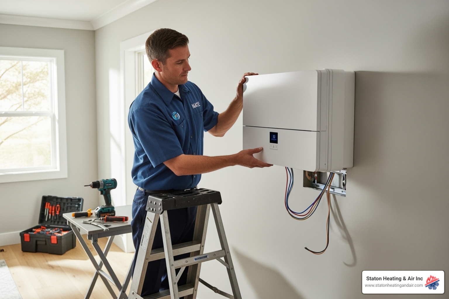 A NATE-certified technician carefully mounting an indoor unit - ductless heat pump installation A NATE-certified technician carefully mounting an indoor unit - ductless heat pump installation
