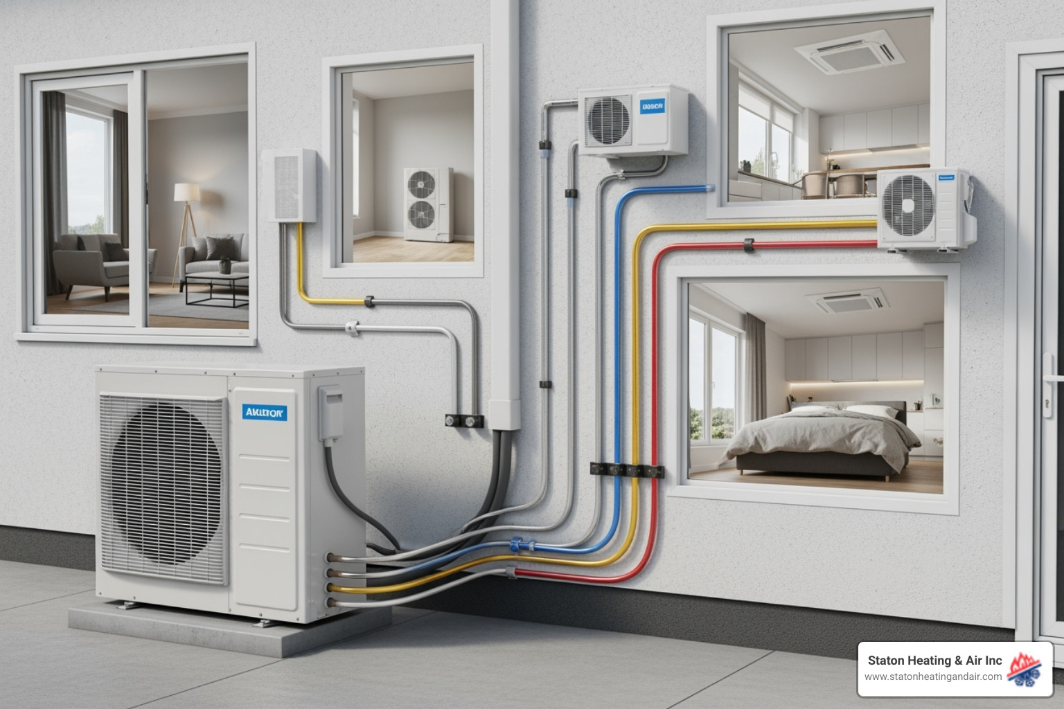 An outdoor condenser unit connected to multiple indoor units to illustrate multi-zone costs - ductless heat pump installation An outdoor condenser unit connected to multiple indoor units to illustrate multi-zone costs - ductless heat pump installation