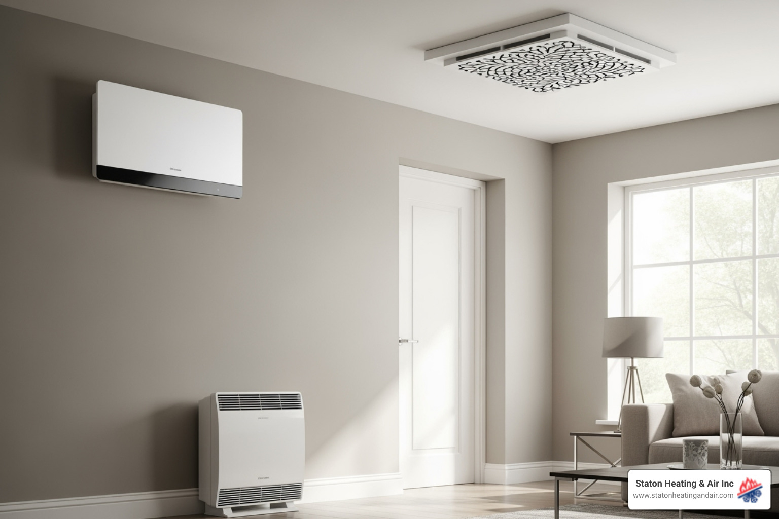 Different types of indoor units (wall-mounted, floor-mounted, ceiling cassette) - ductless heat pump installation Different types of indoor units (wall-mounted, floor-mounted, ceiling cassette) - ductless heat pump installation
