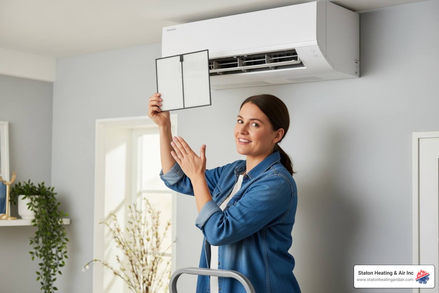 A homeowner easily cleaning the filter of an indoor ductless unit - ductless heat pump installation A homeowner easily cleaning the filter of an indoor ductless unit - ductless heat pump installation