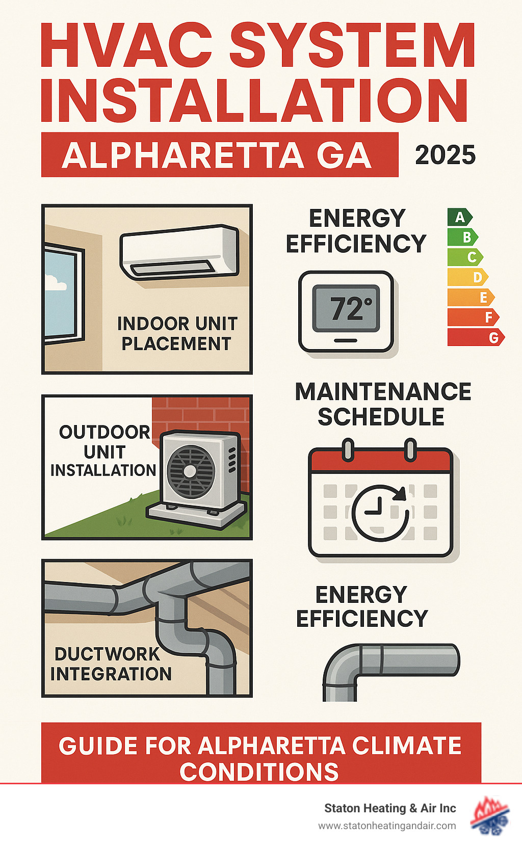 Comprehensive HVAC system installation guide showing indoor unit placement, outdoor unit installation, thermostat connection, and ductwork integration with energy efficiency ratings and maintenance schedule for Alpharetta climate conditions - hvac system installation alpharetta ga infographic 