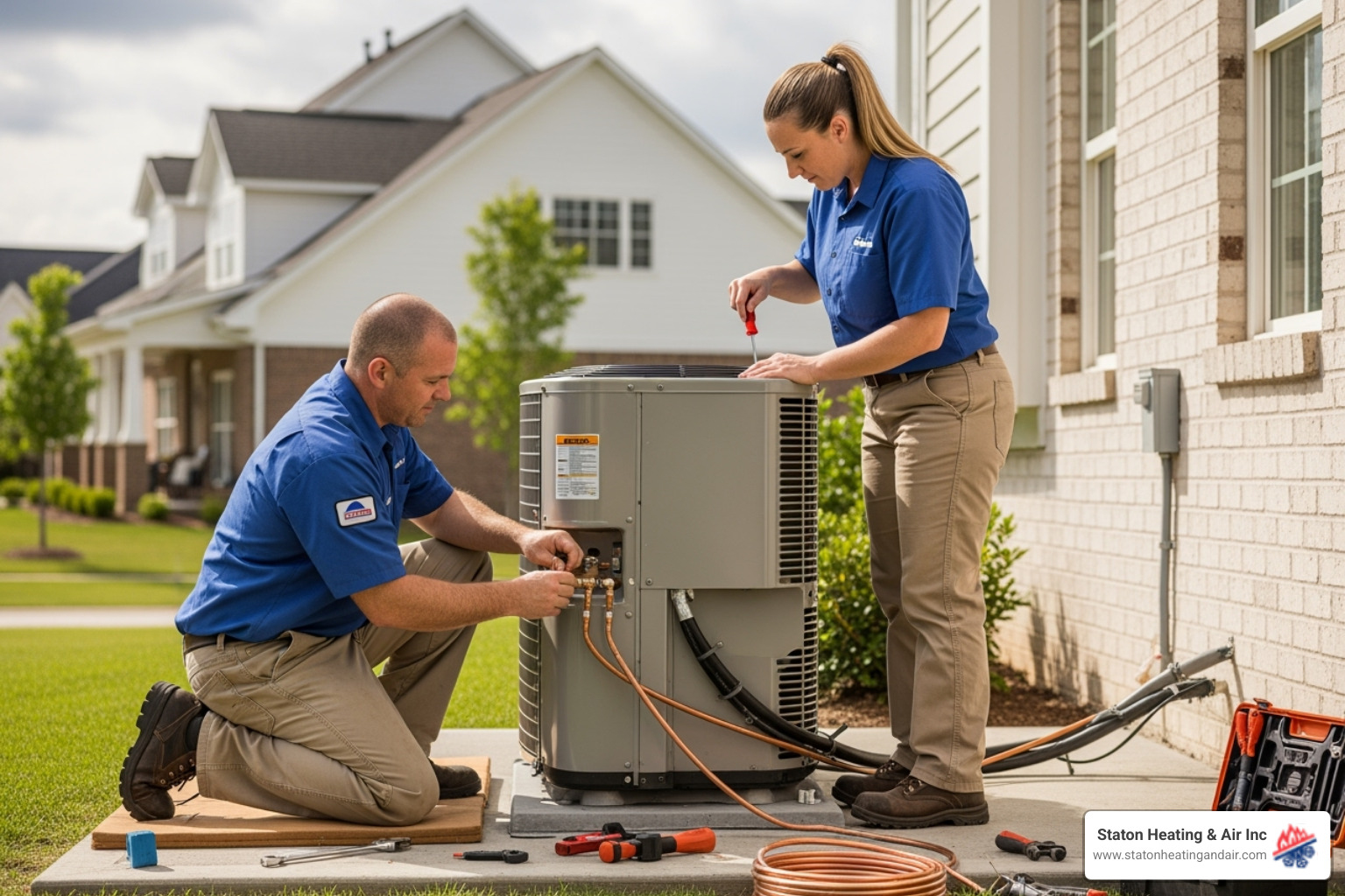 technicians professionally installing an outdoor HVAC unit - hvac system installation alpharetta ga
