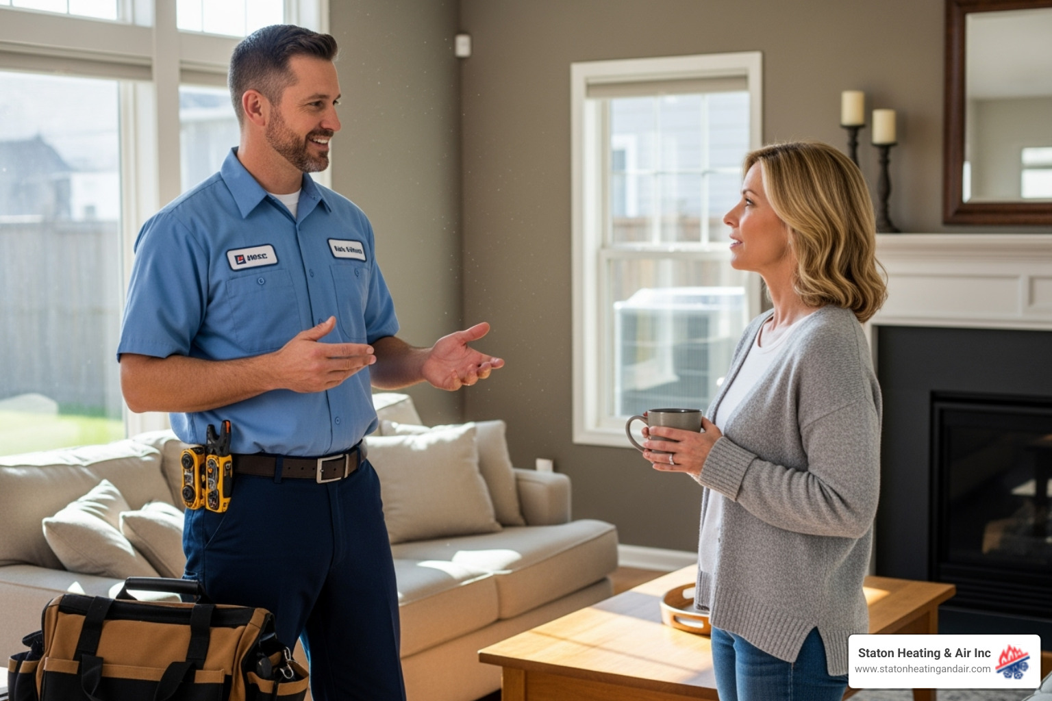 image of a friendly technician speaking with a homeowner - woodstock heating company