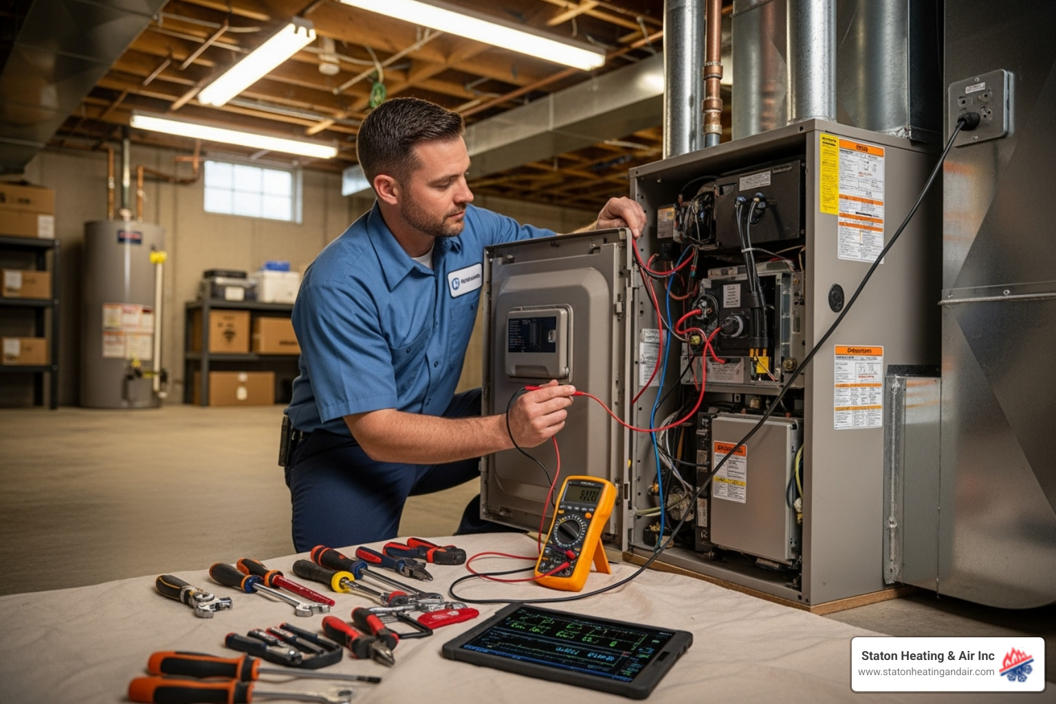 image of a technician performing maintenance on a furnace - woodstock heating company