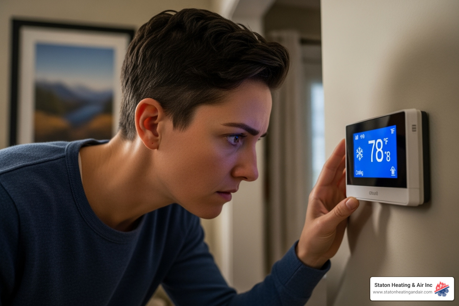 homeowner looking at thermostat concerned - furnace blower motor homeowner looking at thermostat concerned - furnace blower motor