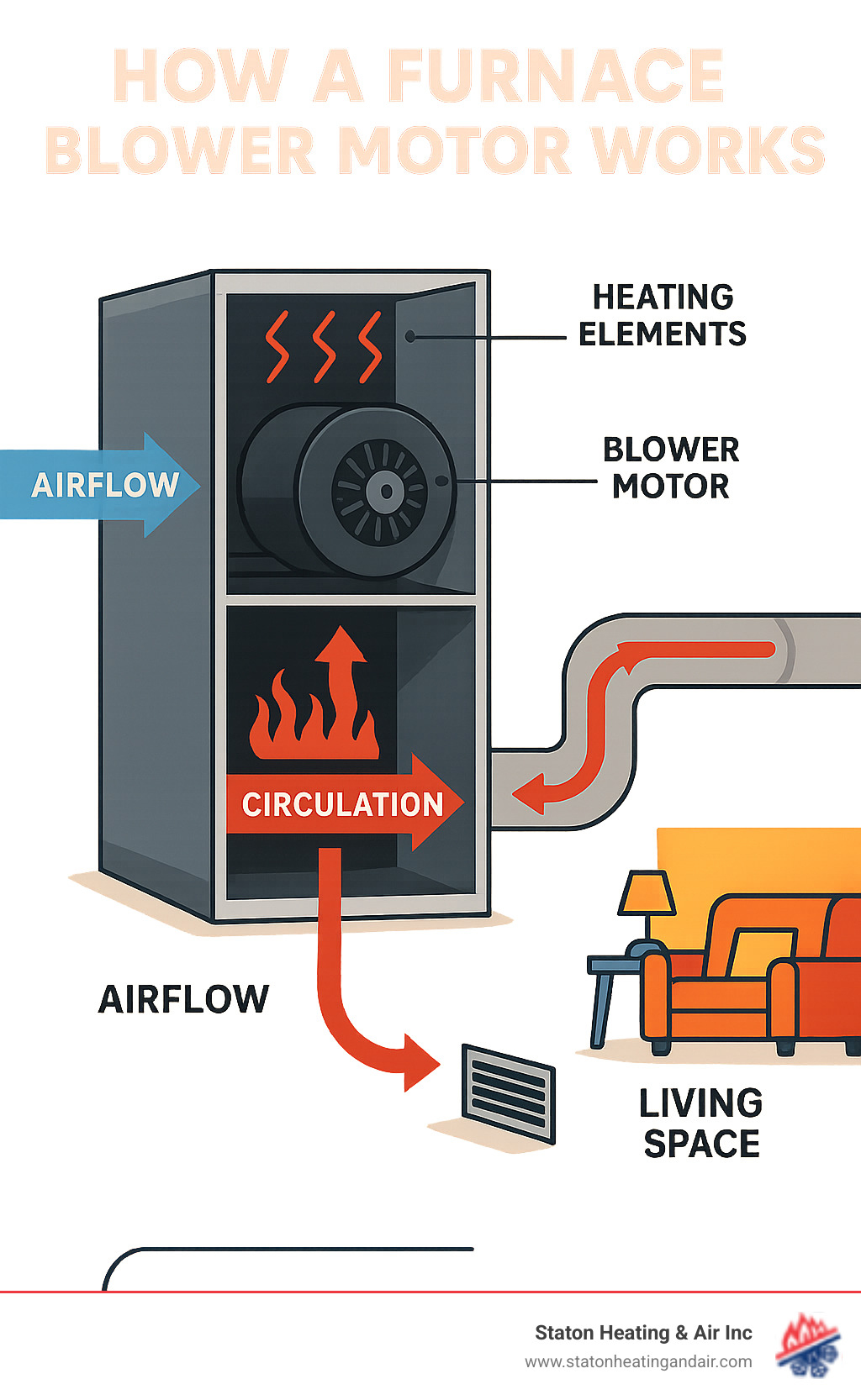 Detailed infographic showing how a furnace blower motor works, including airflow path through ductwork, motor placement in air handler, and circulation process from heating elements through vents to living spaces - furnace blower motor infographic Detailed infographic showing how a furnace blower motor works, including airflow path through ductwork, motor placement in air handler, and circulation process from heating elements through vents to living spaces - furnace blower motor infographic