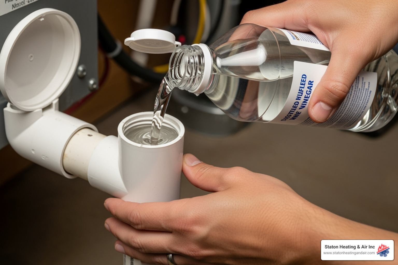 A homeowner carefully pouring distilled white vinegar into the T-shaped access point of an AC drain line as part of routine maintenance - AC drain line A homeowner carefully pouring distilled white vinegar into the T-shaped access point of an AC drain line as part of routine maintenance - AC drain line