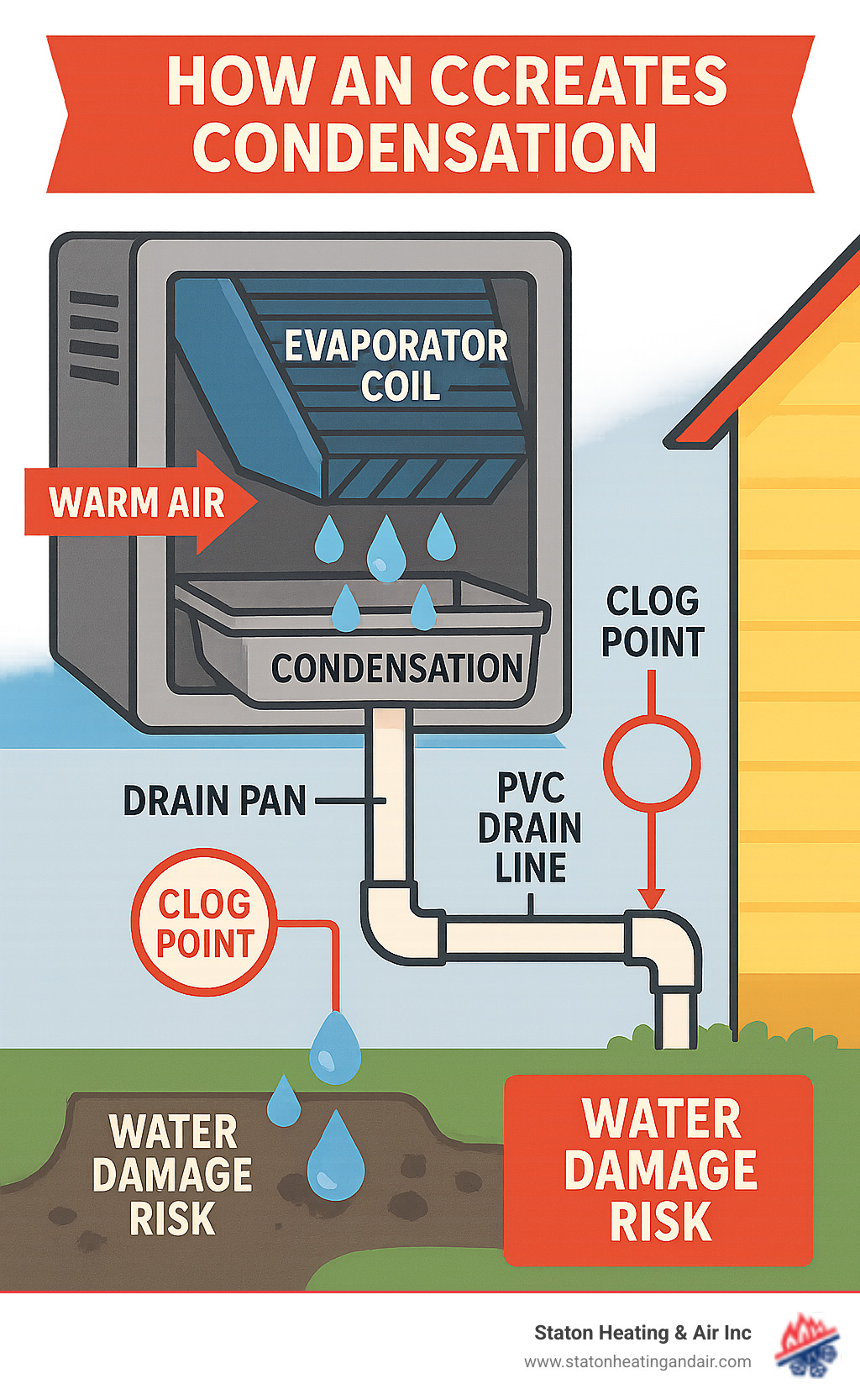 Infographic showing how an AC unit creates condensation on the evaporator coil, collects it in a drain pan, and channels it through the PVC drain line to the outside of the home, with callouts showing common clog points and water damage risks - AC drain line infographic Infographic showing how an AC unit creates condensation on the evaporator coil, collects it in a drain pan, and channels it through the PVC drain line to the outside of the home, with callouts showing common clog points and water damage risks - AC drain line infographic