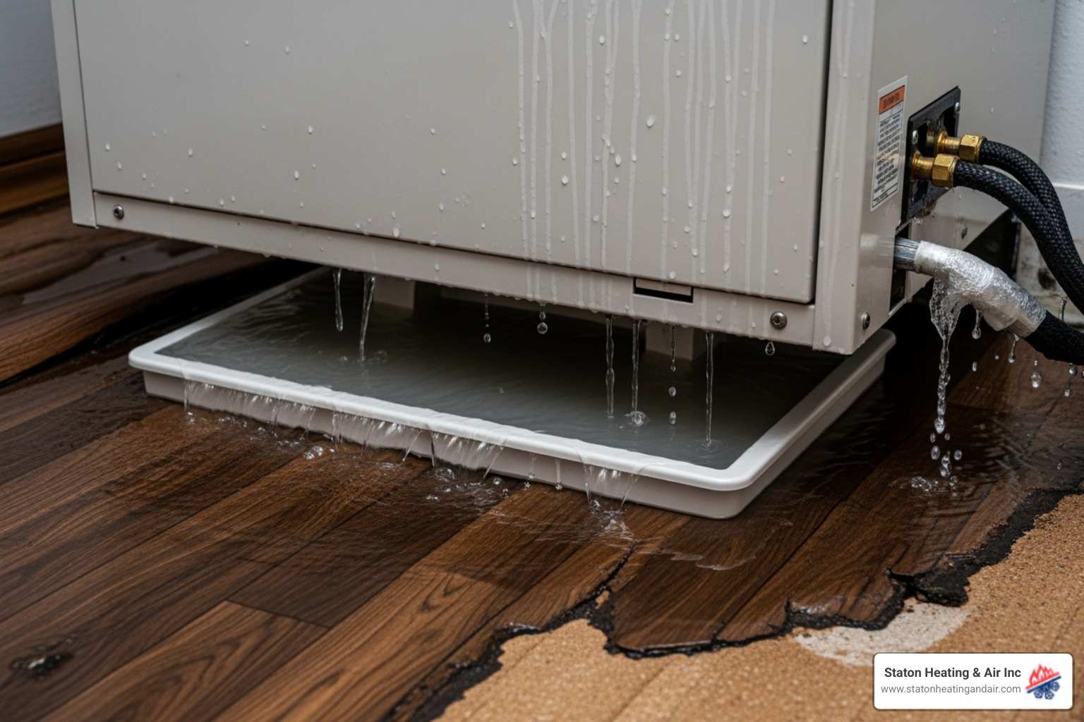 A full and overflowing condensate drain pan, with water visibly pooling around the indoor AC unit - AC drain line A full and overflowing condensate drain pan, with water visibly pooling around the indoor AC unit - AC drain line