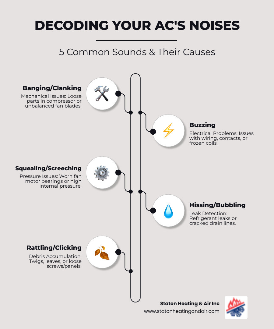 Infographic showing the 5 most common AC noises - Banging caused by Mechanical issues, Buzzing caused by Electrical problems, Squealing caused by Pressure buildup, Hissing caused by Leak detection, and Rattling caused by Debris accumulation - AC unit making noise infographic infographic-line-5-steps-neat_beige