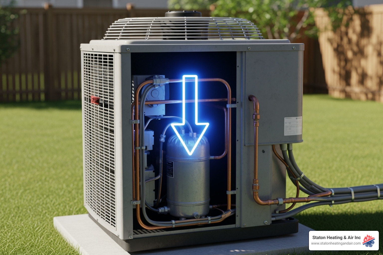 AC compressor unit with an arrow pointing to the compressor - AC unit making noise