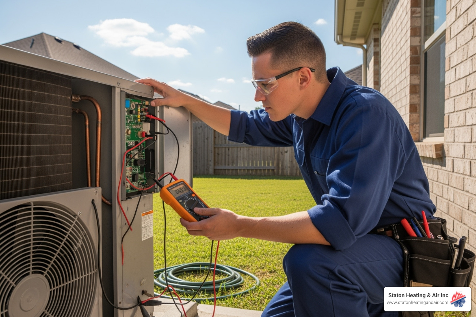 Technician working on an outdoor AC unit in the summer - emergency hvac companies alpharetta