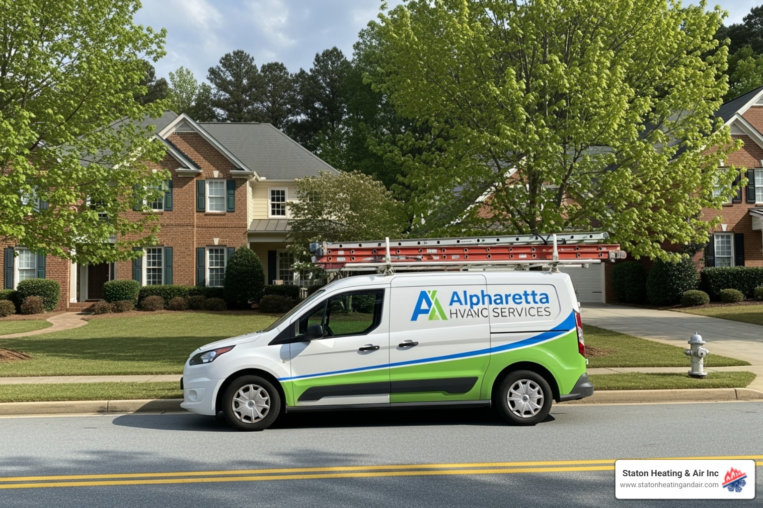 Staton Heating & Air Inc. branded service van in an Alpharetta neighborhood - emergency hvac companies alpharetta