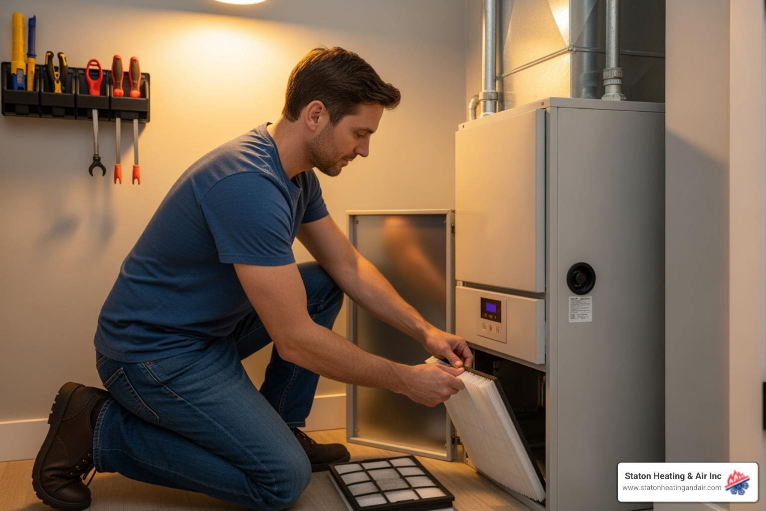 A homeowner changing a furnace air filter, a simple DIY task to improve heating system efficiency - Alpharetta heating repair A homeowner changing a furnace air filter, a simple DIY task to improve heating system efficiency - Alpharetta heating repair