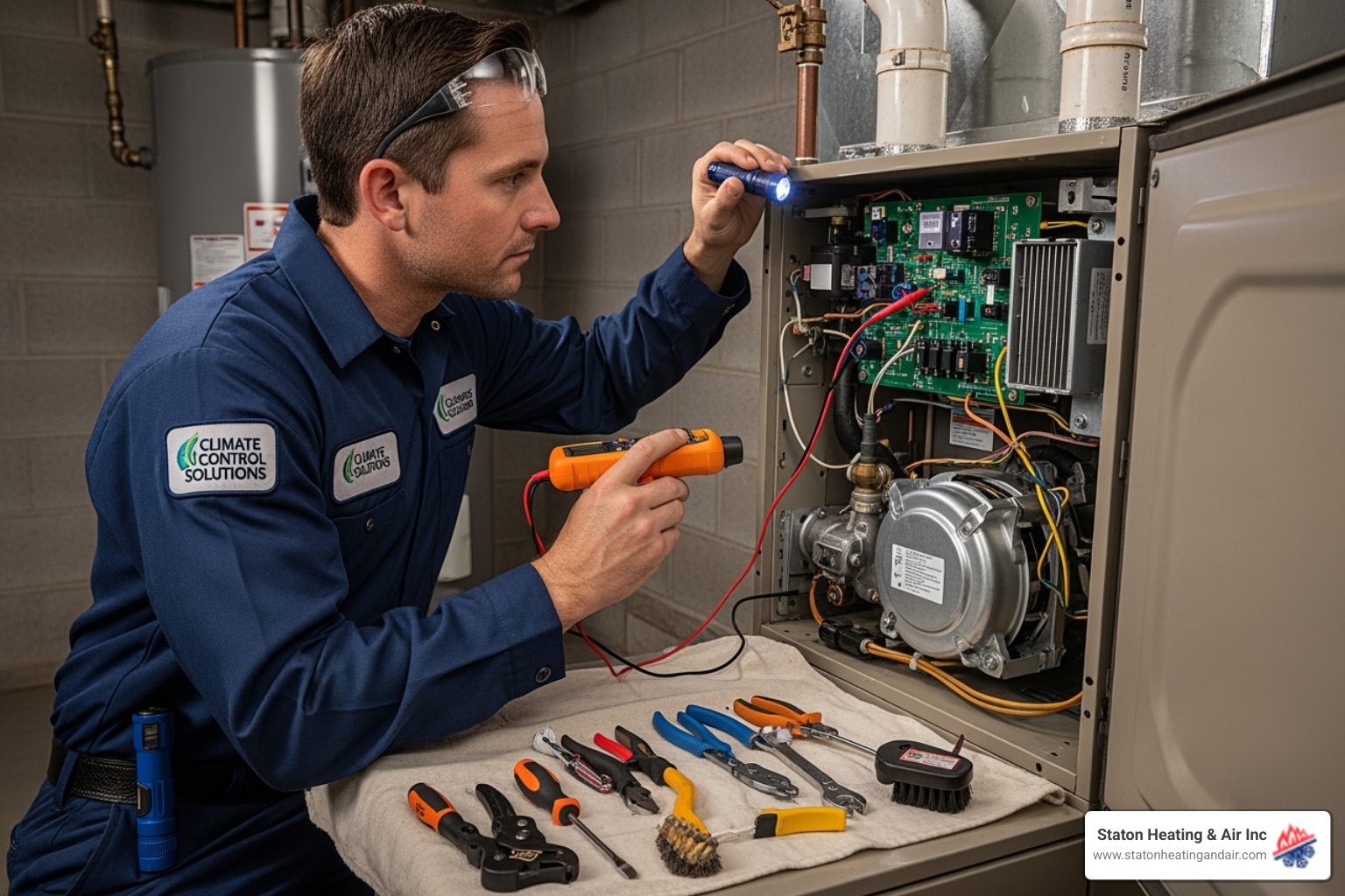 A Staton Heating & Air Inc. technician inspecting an open furnace unit, showcasing professional expertise and specialized tools - Alpharetta heating repair A Staton Heating & Air Inc. technician inspecting an open furnace unit, showcasing professional expertise and specialized tools - Alpharetta heating repair