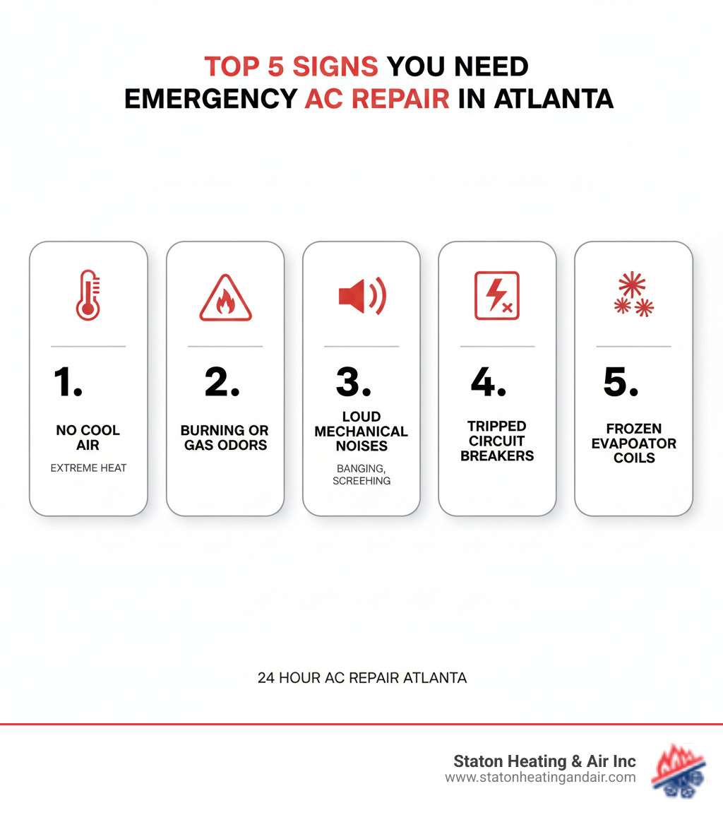 infographic showing the top 5 signs you need emergency AC repair in Atlanta: 1. No cool air during extreme heat with thermostat icon, 2. Burning or gas odors with warning symbol, 3. Loud mechanical noises with sound wave icon, 4. Tripped circuit breakers with electrical symbol, 5. Frozen evaporator coils with ice crystal icon - 24 hour ac repair atlanta infographic 