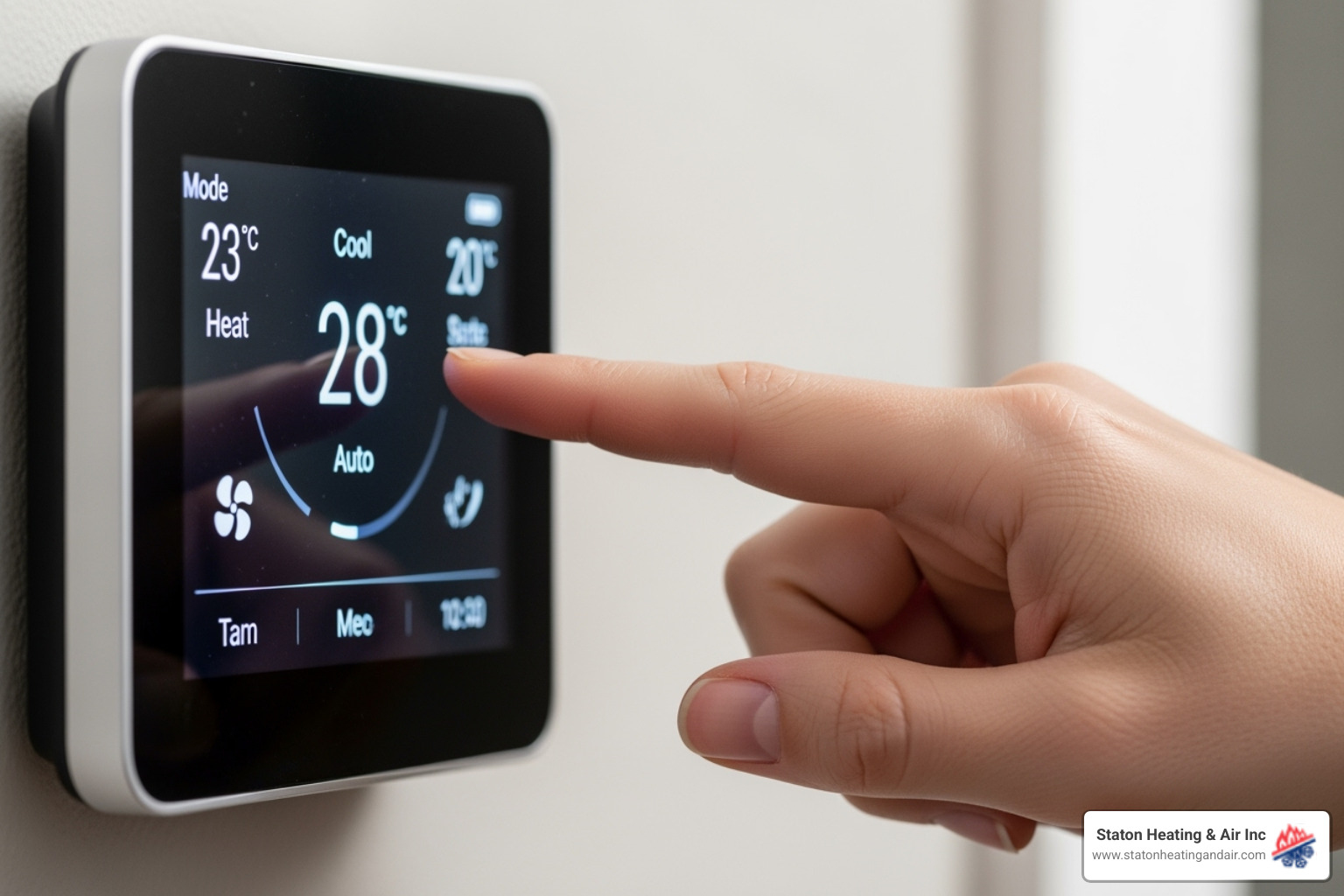 A homeowner checking a digital thermostat, adjusting settings, with a hand pointing to the screen. - emergency ac repair alpharetta