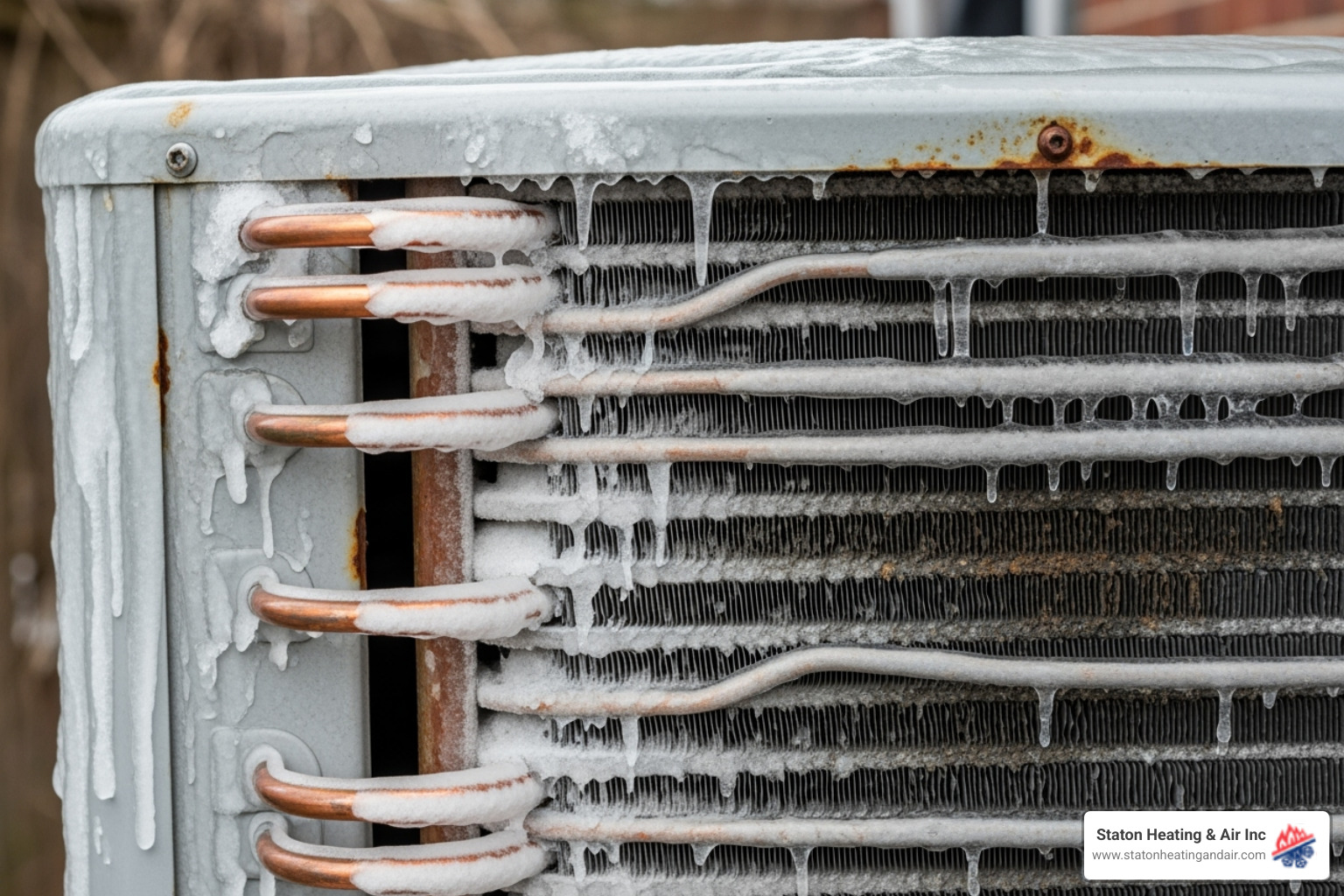 A close-up image of a frozen outdoor AC unit with visible ice buildup on the copper lines and coils, indicating a serious system malfunction. - emergency ac repair alpharetta