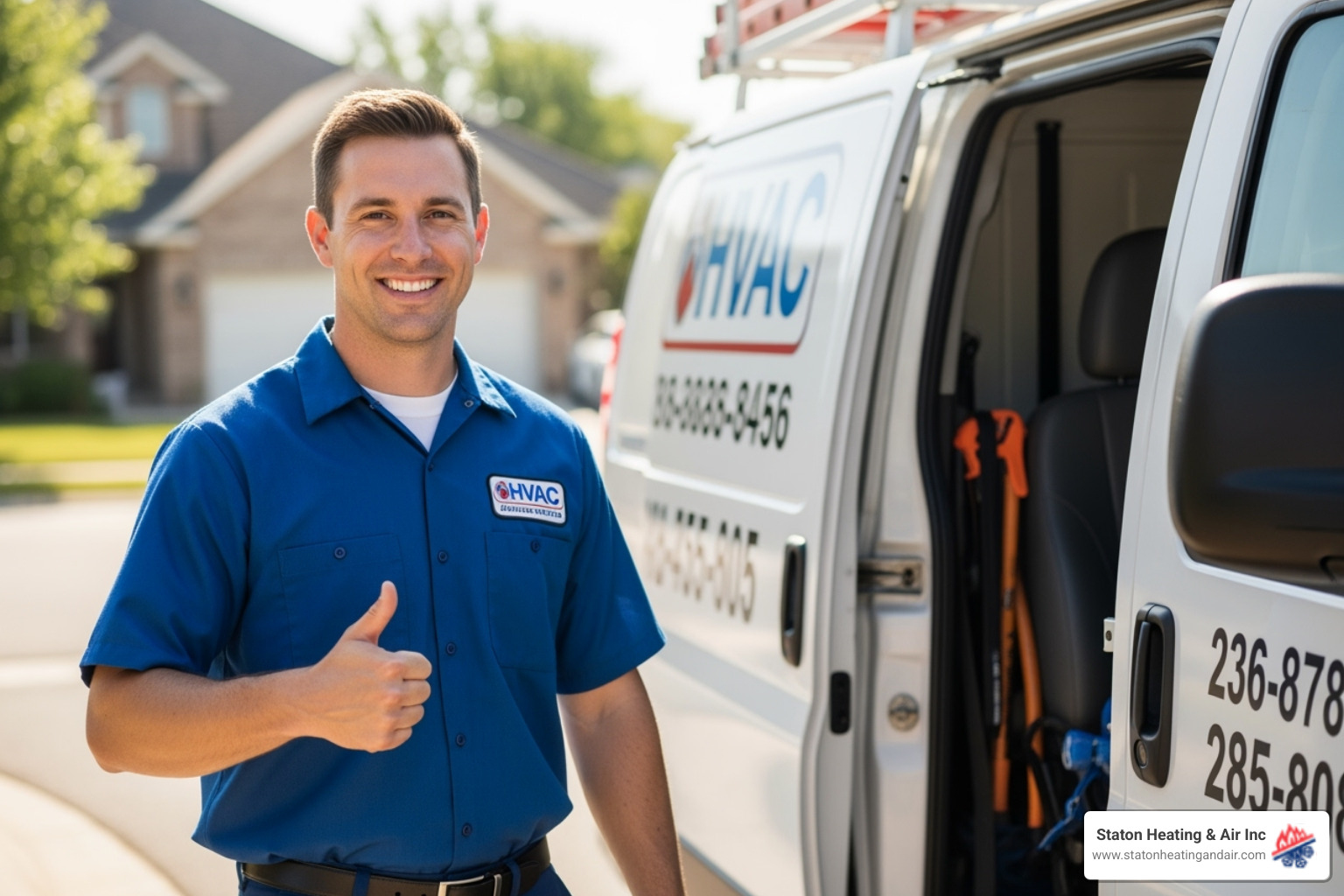 A professional, uniformed HVAC technician smiling and giving a thumbs up next to a clean service van, ready to assist with emergency AC repair. - emergency ac repair alpharetta