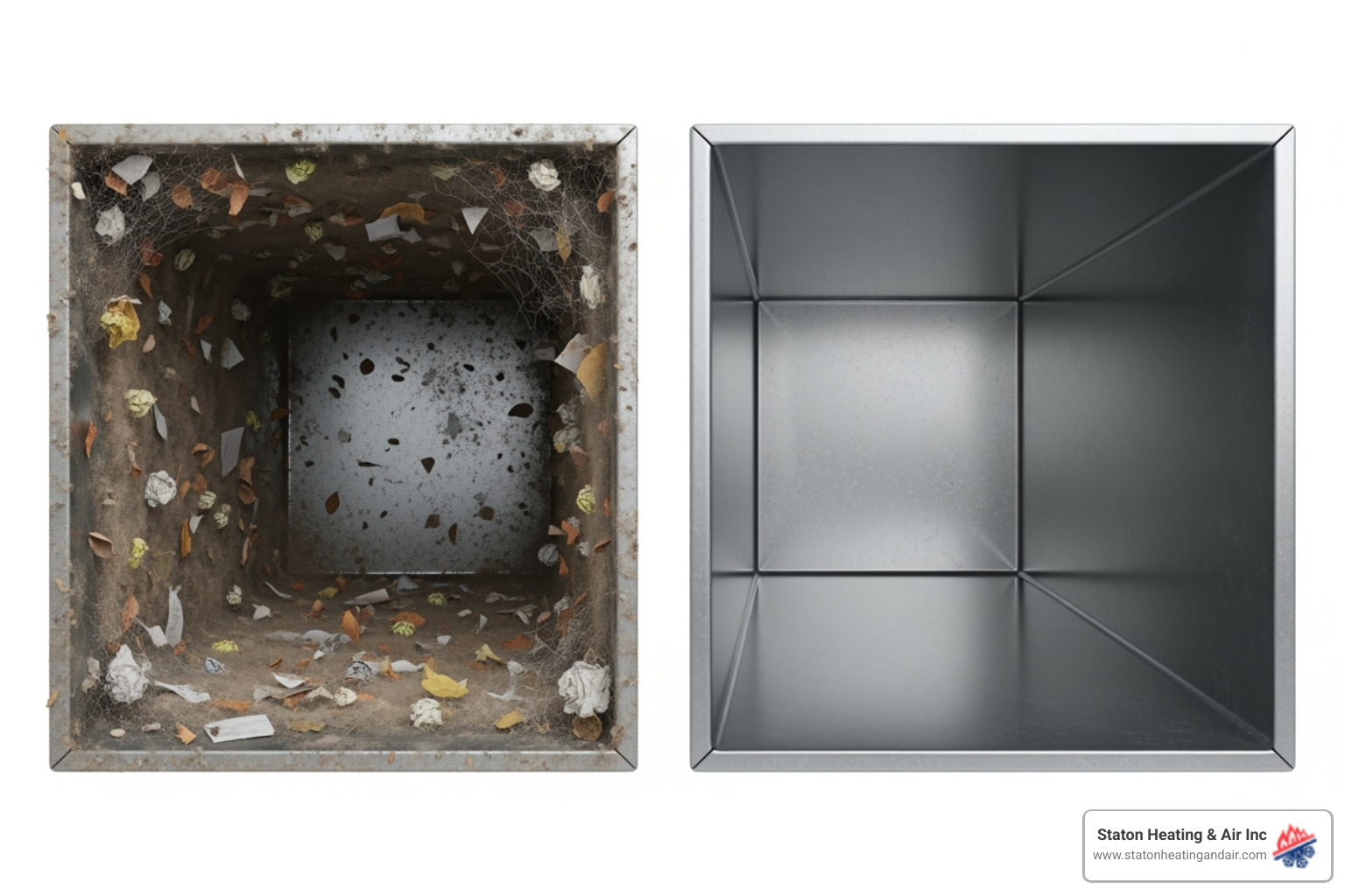 Cross-section of a dirty air duct next to a clean one - duct cleaning alpharetta ga Cross-section of a dirty air duct next to a clean one - duct cleaning alpharetta ga