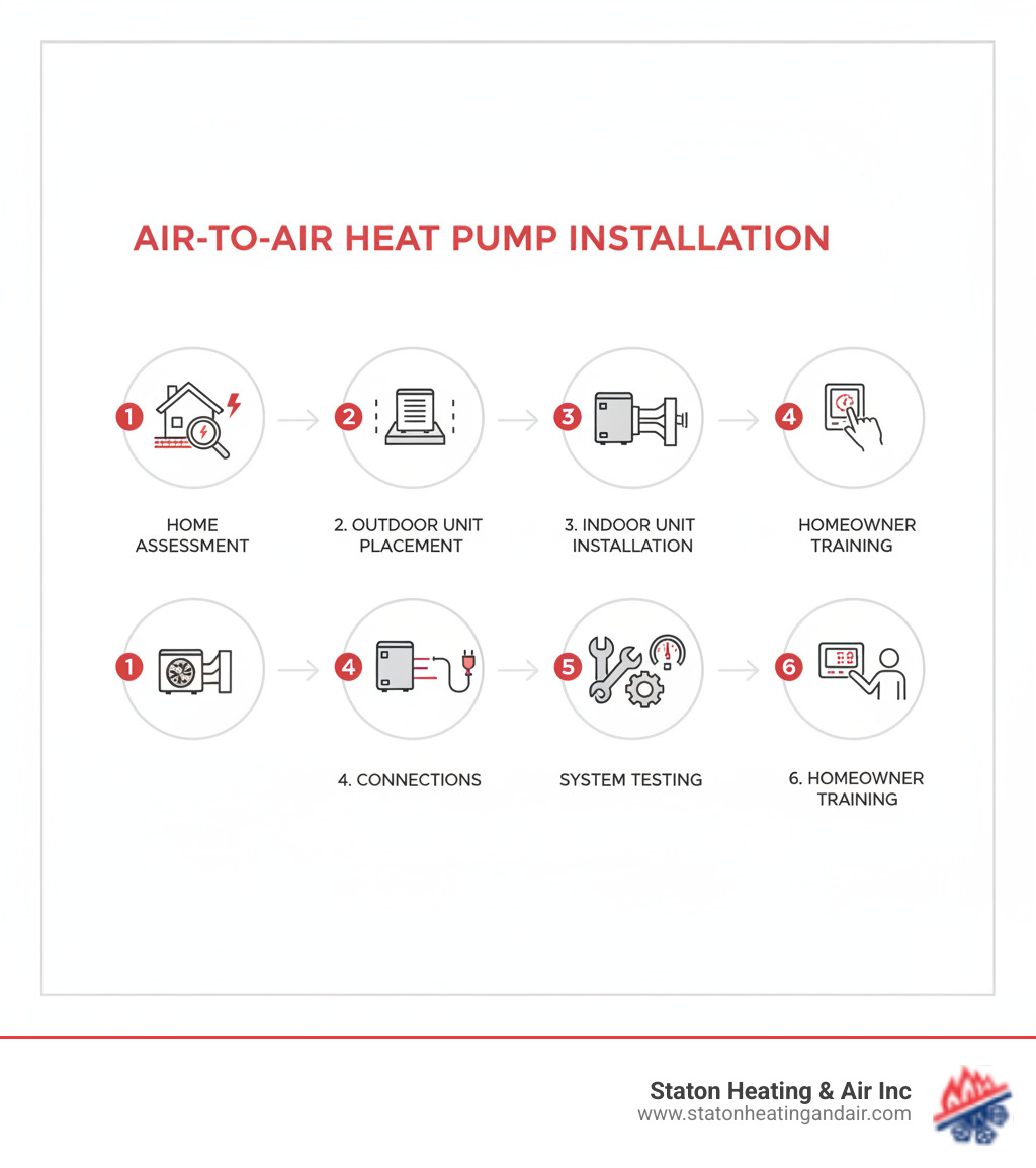 Infographic showing the air-to-air heat pump installation process: 1) Home assessment with insulation and electrical checks, 2) Outdoor unit placement on concrete pad with proper clearance, 3) Indoor unit installation (wall-mounted or ducted), 4) Refrigerant lines and electrical connections between units, 5) System testing and commissioning, 6) Homeowner training on thermostat operation - air to air heat pump installation infographic 