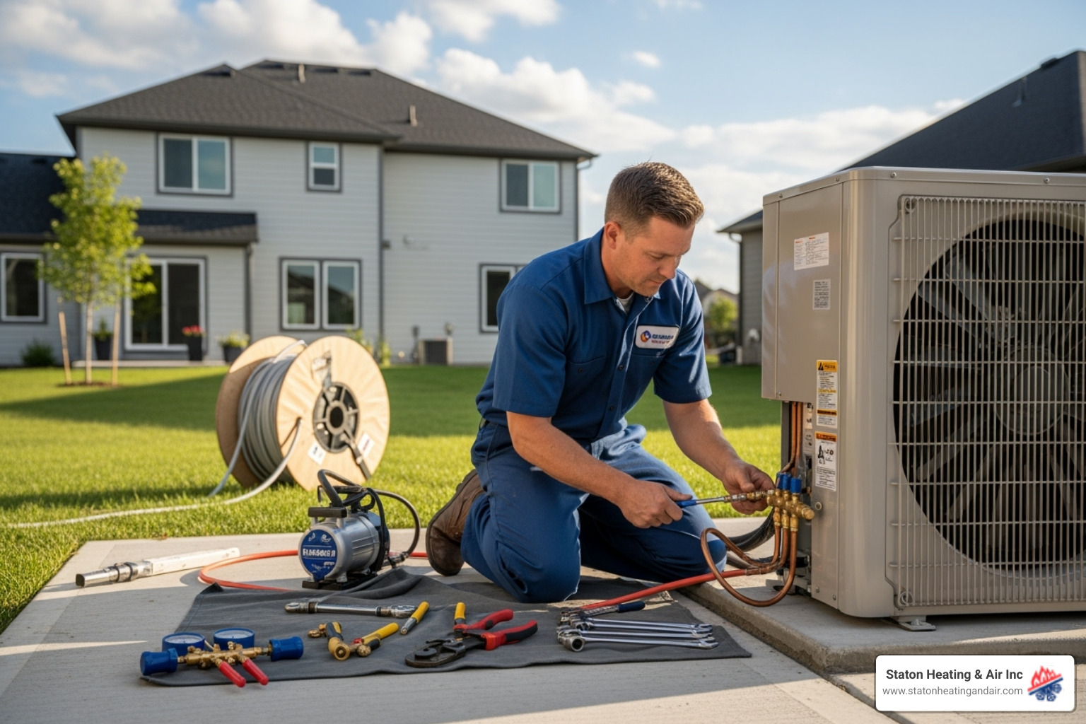 Outdoor unit being professionally installed on a concrete pad - air to air heat pump installation