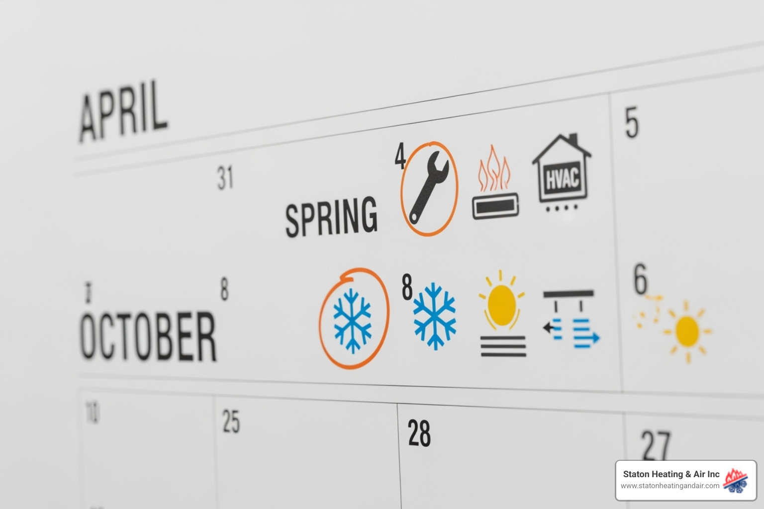 Calendar highlighting spring and fall maintenance for an HVAC unit - hvac maintenance alpharetta ga