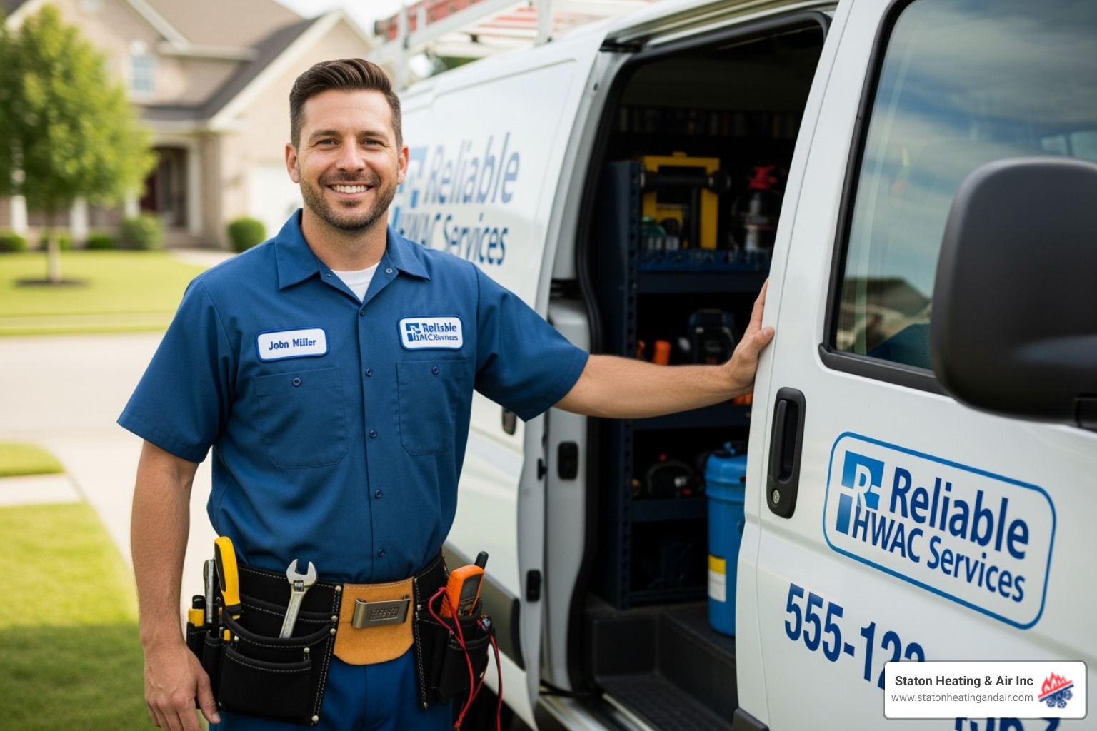 Friendly uniformed HVAC technician next to a service van - hvac maintenance alpharetta ga