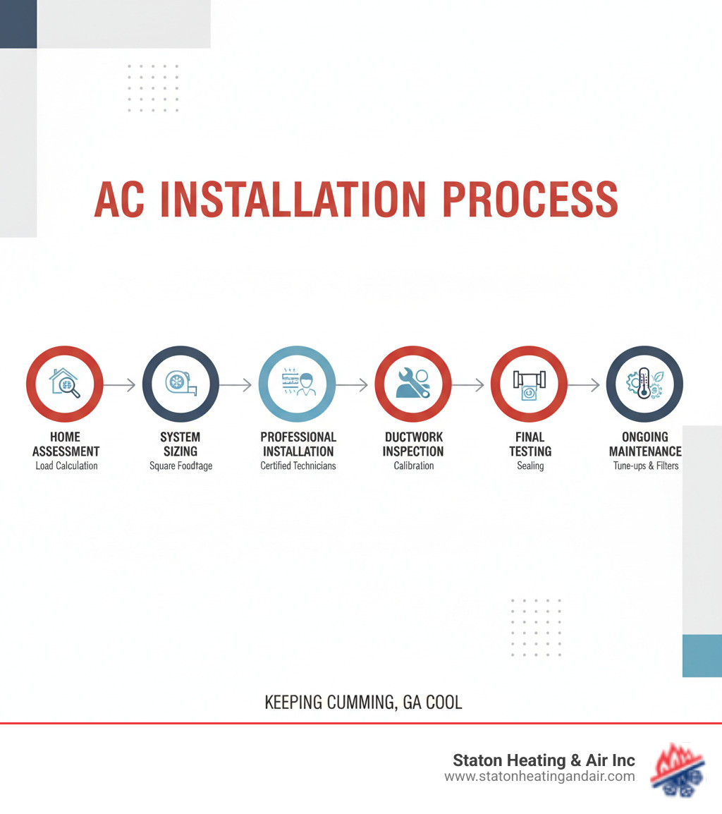 Infographic showing the AC installation process: home assessment and load calculation, proper system sizing based on square footage, professional installation by certified technicians, ductwork inspection and sealing, final testing and calibration, and ongoing maintenance requirements including annual tune-ups and filter changes - air conditioning installation cumming ga infographic 
