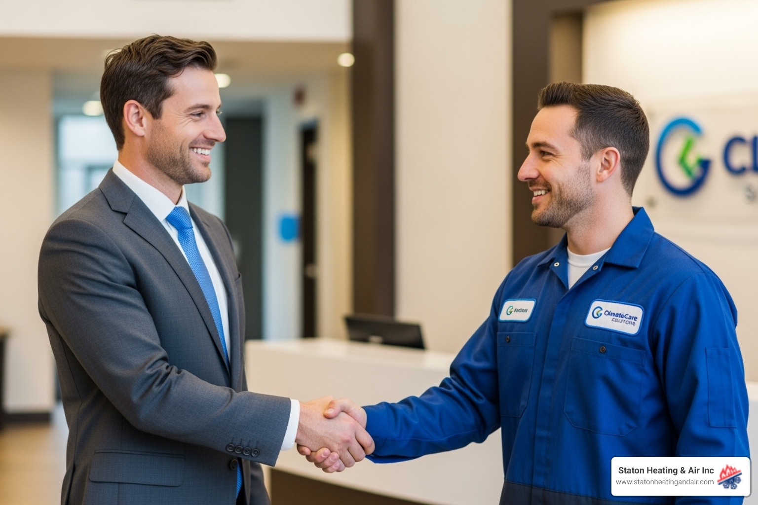 business manager shaking hands with an HVAC technician - commercial hvac contractor near me
