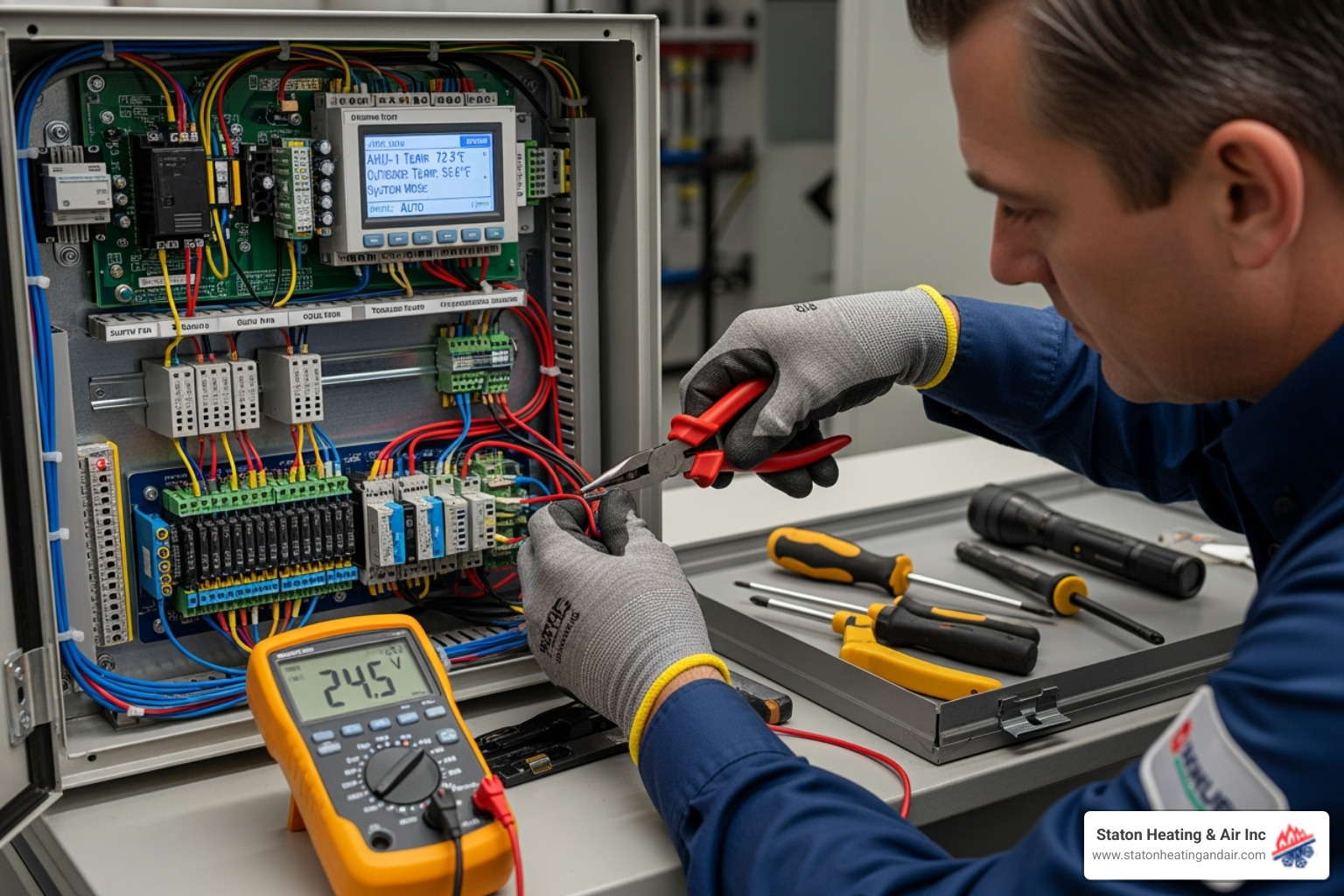 technician working on a commercial HVAC control panel - commercial hvac contractor near me
