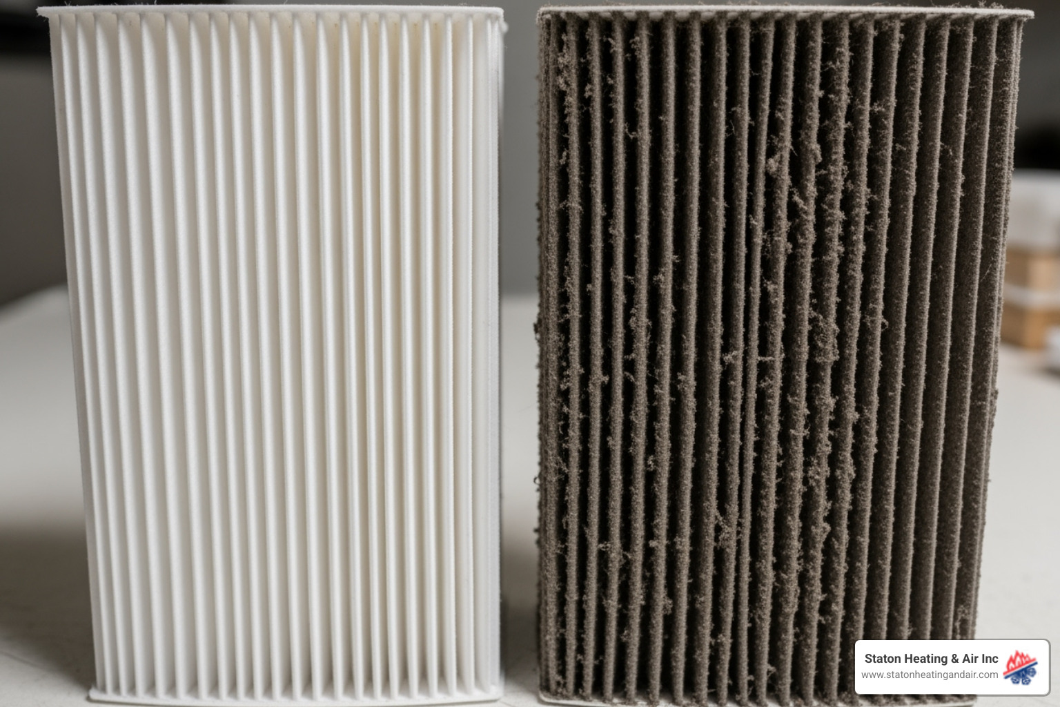 Clean, pleated furnace filter next to a dirty, clogged one - high efficiency furnace installation