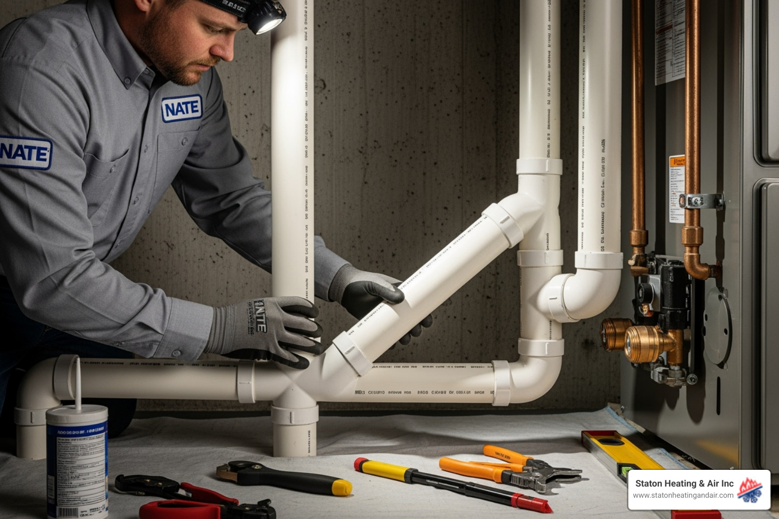 Technician carefully fitting PVC vent pipes - high efficiency furnace installation
