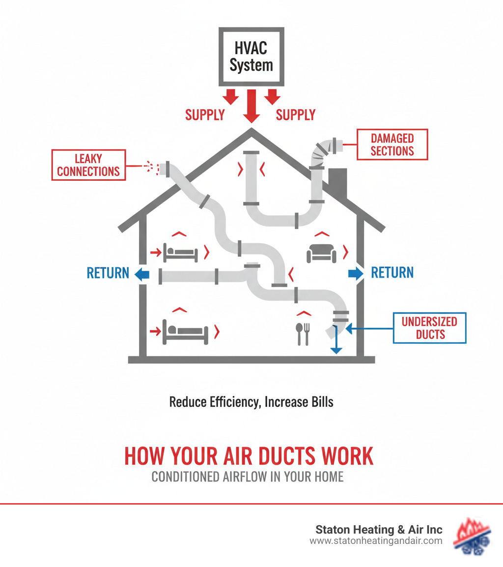 infographic showing how air ducts circulate conditioned air from the HVAC system through supply ducts to rooms throughout the home, then back through return ducts to be reconditioned, with callouts highlighting common problem areas like leaky connections, damaged sections, and undersized ducts that reduce efficiency - air duct replacement atlanta infographic 