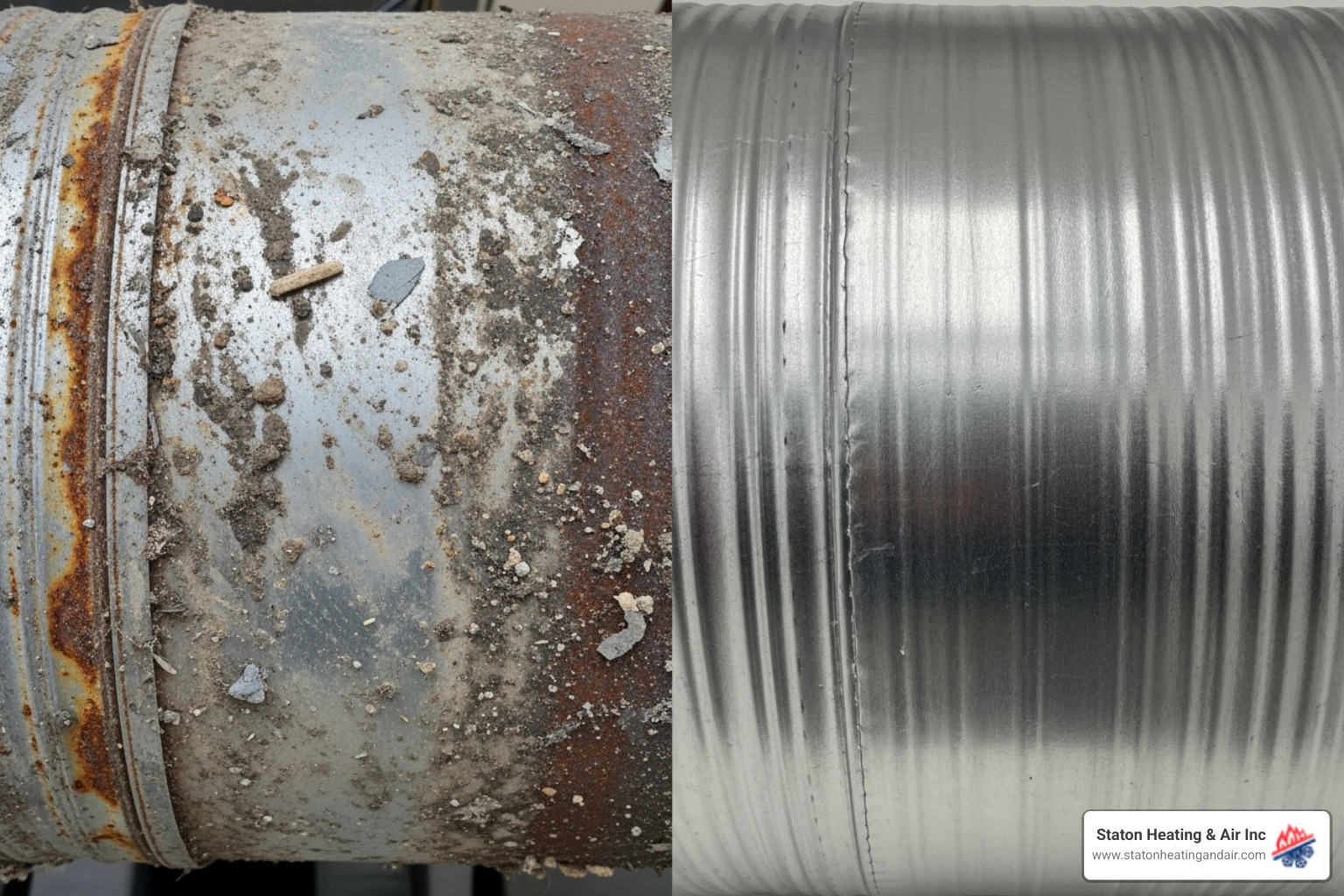 image showing the difference between a dirty, old duct with visible grime and debris, and a clean, new, insulated duct - air duct replacement atlanta