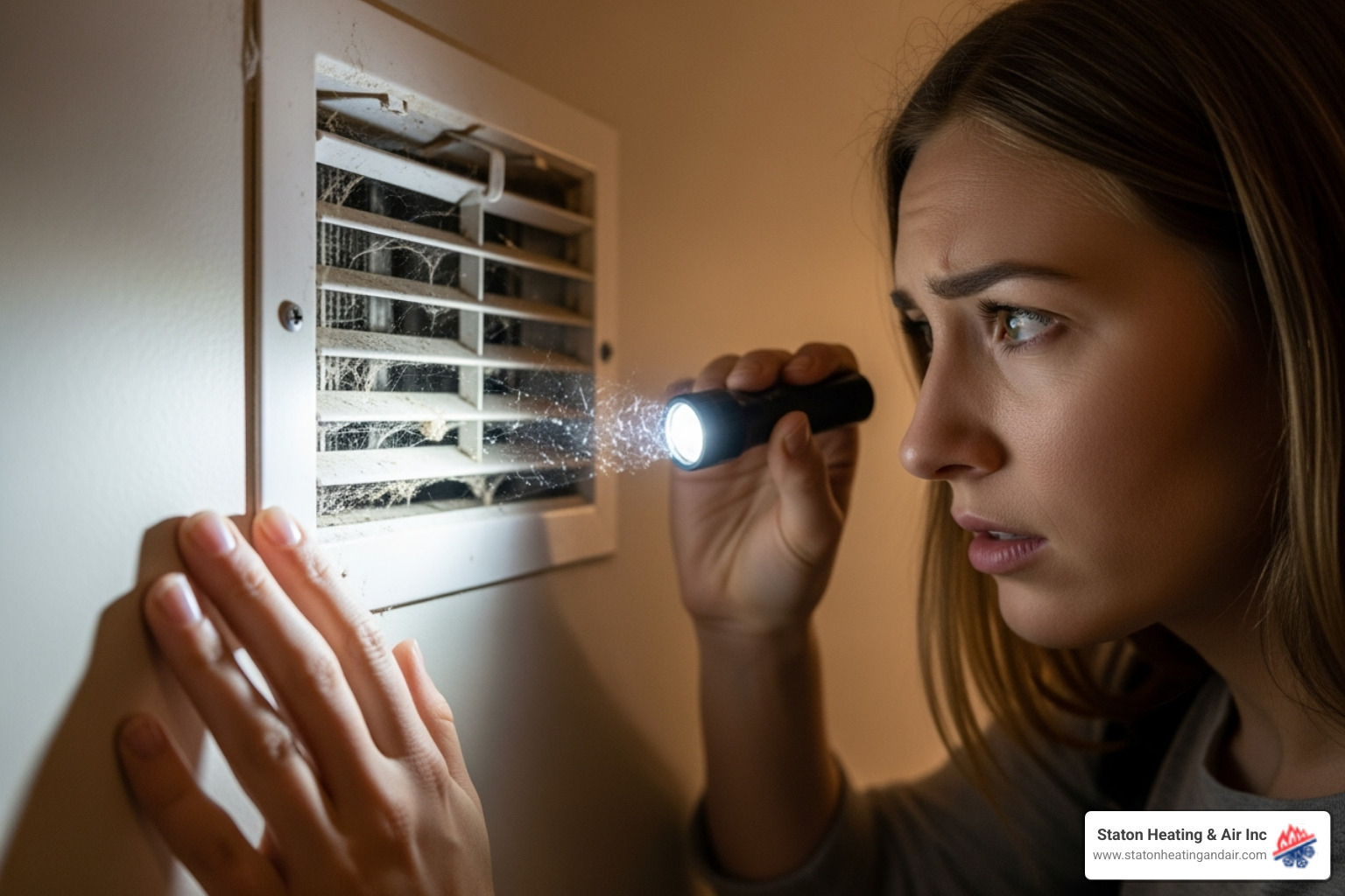 homeowner looking at a dusty air vent - air duct replacement atlanta