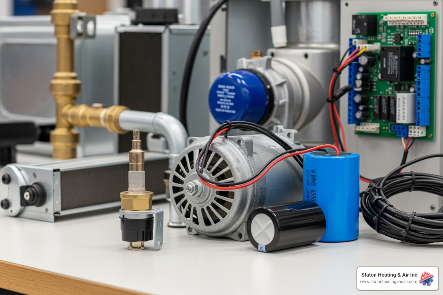 common furnace components like an igniter, blower motor, and capacitor - heating not working atlanta