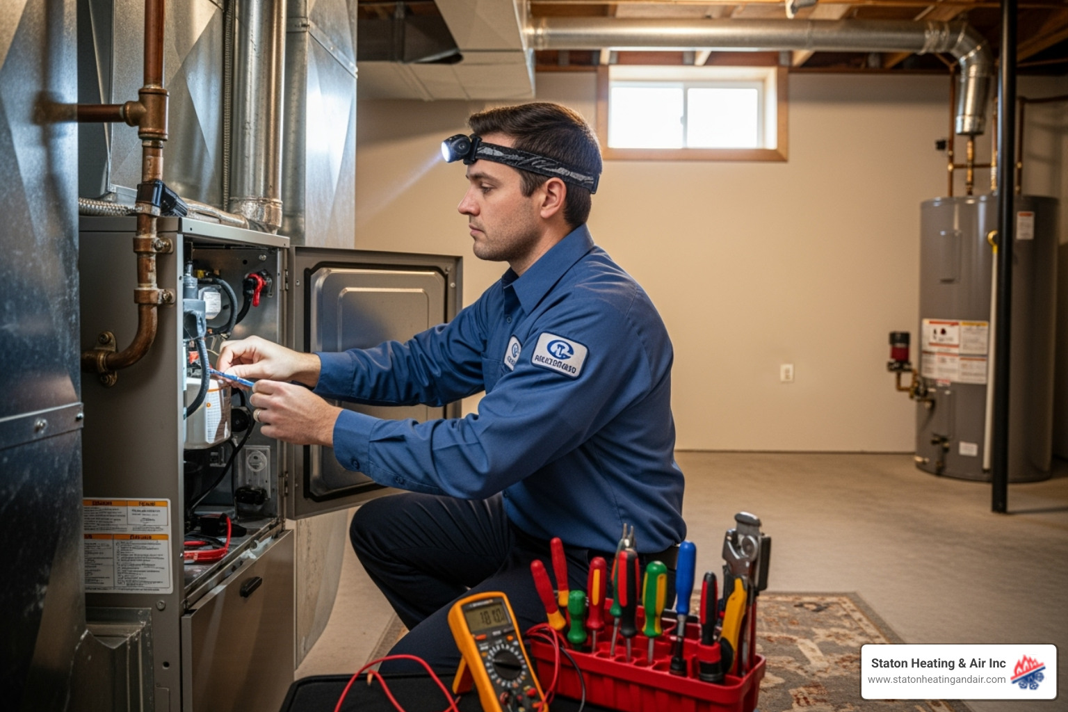 professional, NATE-certified technician working on a furnace - heating not working atlanta