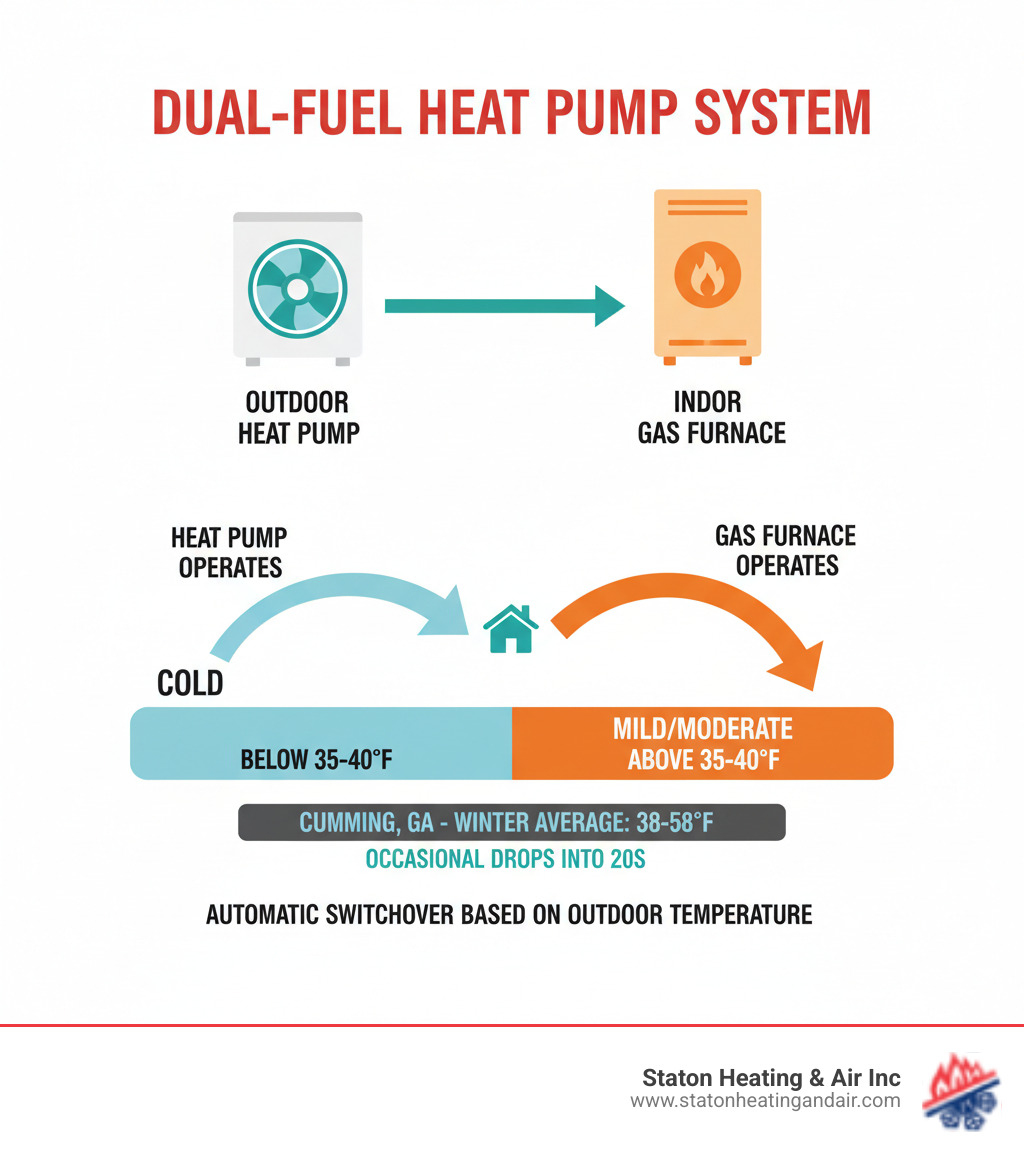 Infographic showing a dual-fuel heat pump system with an outdoor heat pump unit and indoor gas furnace, illustrating the automatic switchover process based on outdoor temperature thresholds, with arrows indicating heat pump operation above 35-40 degrees Fahrenheit and gas furnace operation below that temperature, including seasonal temperature ranges for Cumming GA - dual mode heat pump installation cumming infographic  Infographic showing a dual-fuel heat pump system with an outdoor heat pump unit and indoor gas furnace, illustrating the automatic switchover process based on outdoor temperature thresholds, with arrows indicating heat pump operation above 35-40 degrees Fahrenheit and gas furnace operation below that temperature, including seasonal temperature ranges for Cumming GA - dual mode heat pump installation cumming infographic