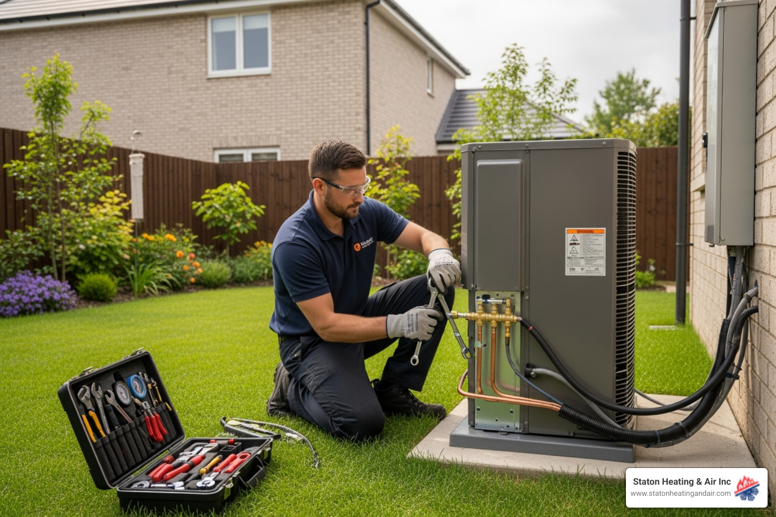 Professional HVAC technician installing an outdoor heat pump unit in a residential backyard - dual mode heat pump installation cumming Professional HVAC technician installing an outdoor heat pump unit in a residential backyard - dual mode heat pump installation cumming