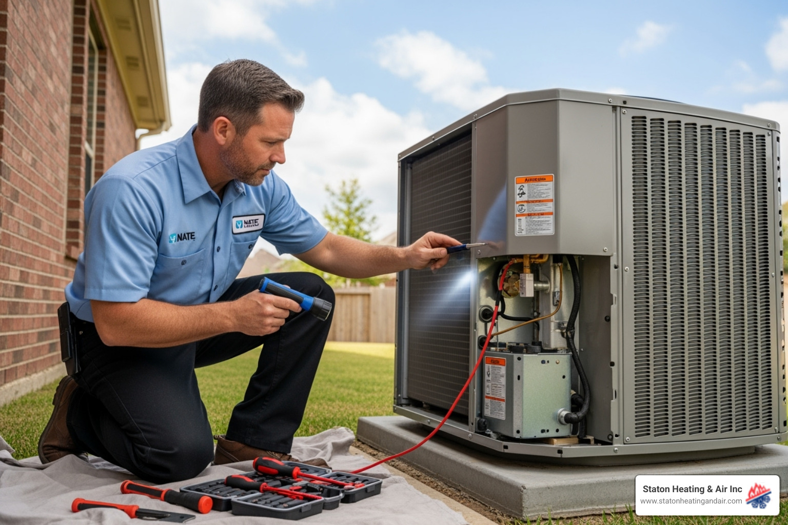 NATE-certified technician performing detailed inspection on outdoor AC unit - premier program maintenance atlanta
