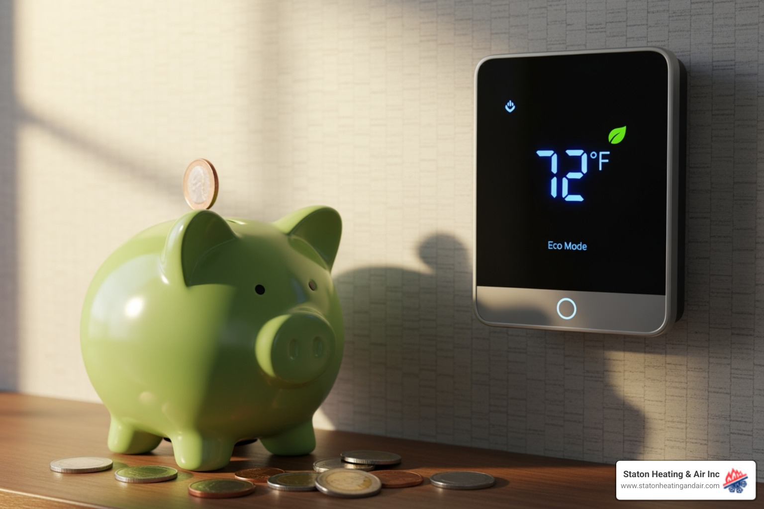 A piggy bank next to a thermostat, symbolizing cost savings through efficient heating - heating system maintenance atlanta
