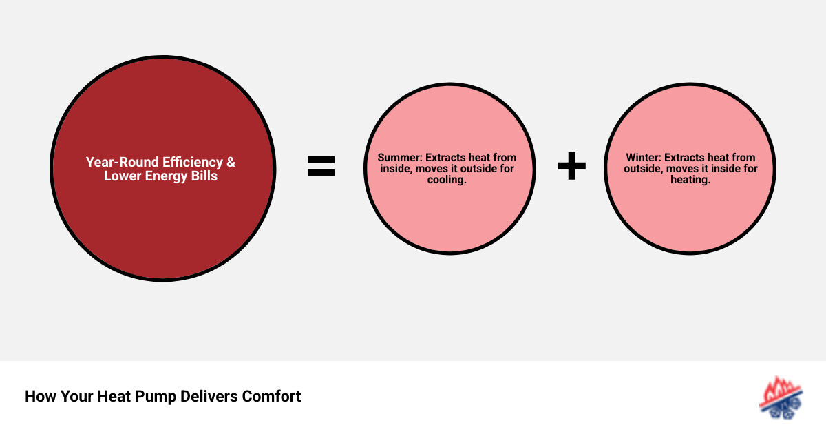 Infographic showing how a heat pump system works in both heating and cooling modes, with arrows indicating heat transfer from outdoor air to indoor space in winter, and from indoor space to outdoor air to indoor space in summer, highlighting the reversing valve as the key component that enables dual functionality - heat pump installation atlanta infographic sum_of_parts Infographic showing how a heat pump system works in both heating and cooling modes, with arrows indicating heat transfer from outdoor air to indoor space in winter, and from indoor space to outdoor air to indoor space in summer, highlighting the reversing valve as the key component that enables dual functionality - heat pump installation atlanta infographic sum_of_parts