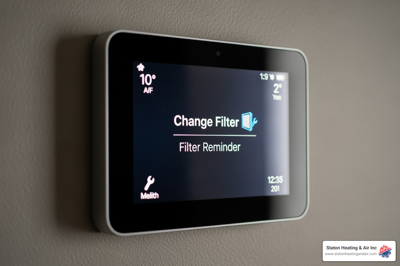 Smart thermostat screen showing a filter change reminder - smart thermostat installation atlanta Smart thermostat screen showing a filter change reminder - smart thermostat installation atlanta