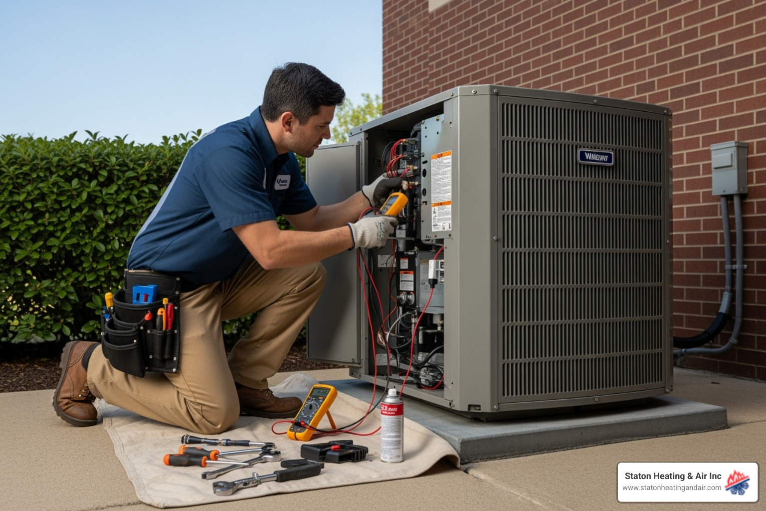 Technician performing maintenance on outdoor AC unit - hvac company alpharetta